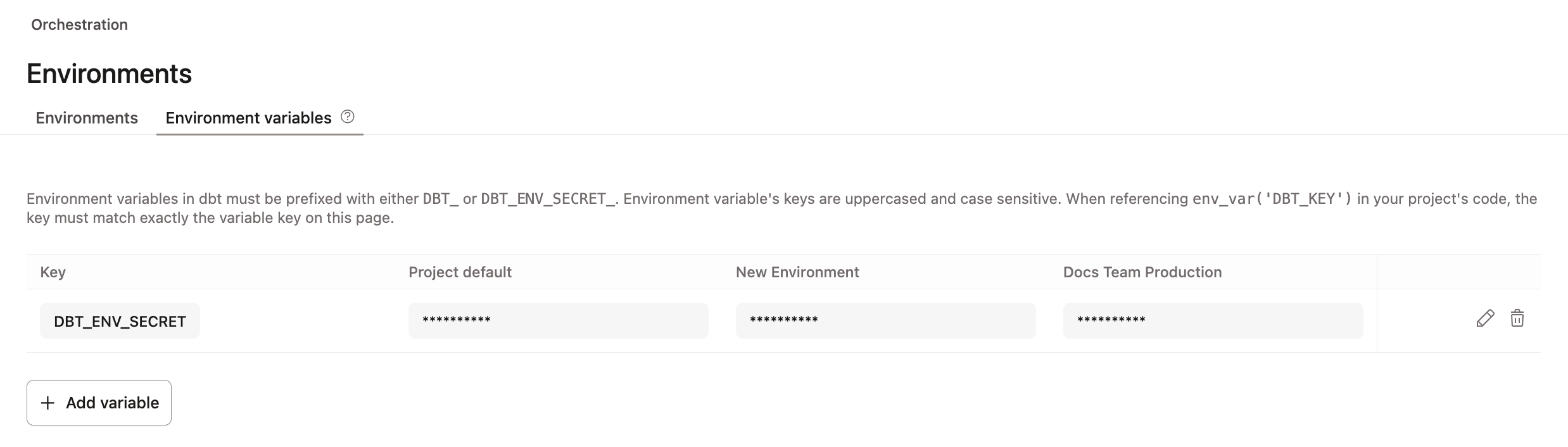 Environment variables tab